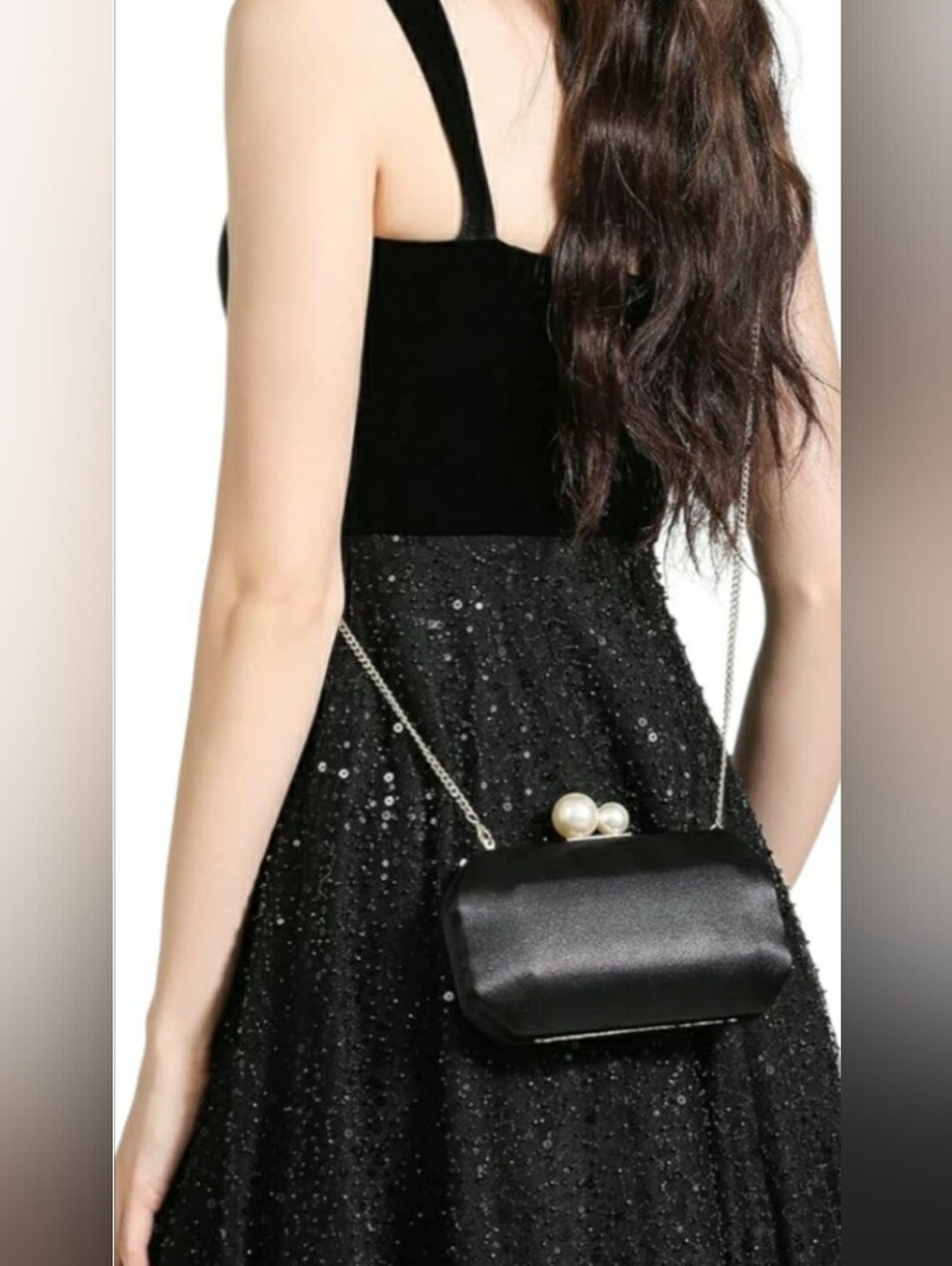 Vintage Black Satin Clutch with Pearl Kiss-Lock and Silver Chain